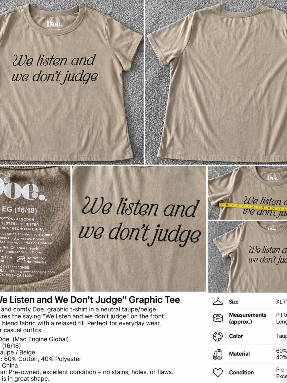 Doe. We Listen and We Don't Judge Graphic Tee XL Beige